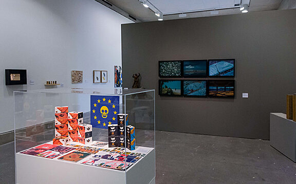 Public View exhibition, with The Trophy Cabinet (1992) by South Atlantic Souvenirs and Trouble